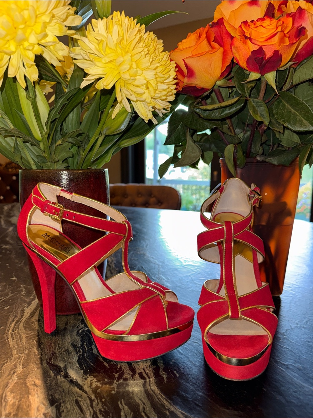 Michael Kors Francois T-Strap Red and Gold Platform Heels